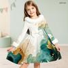 Girls Furry Collar Long Sleeve Bow Decor Printed Dress Dark Green Beige Gold A Line Flared Hem