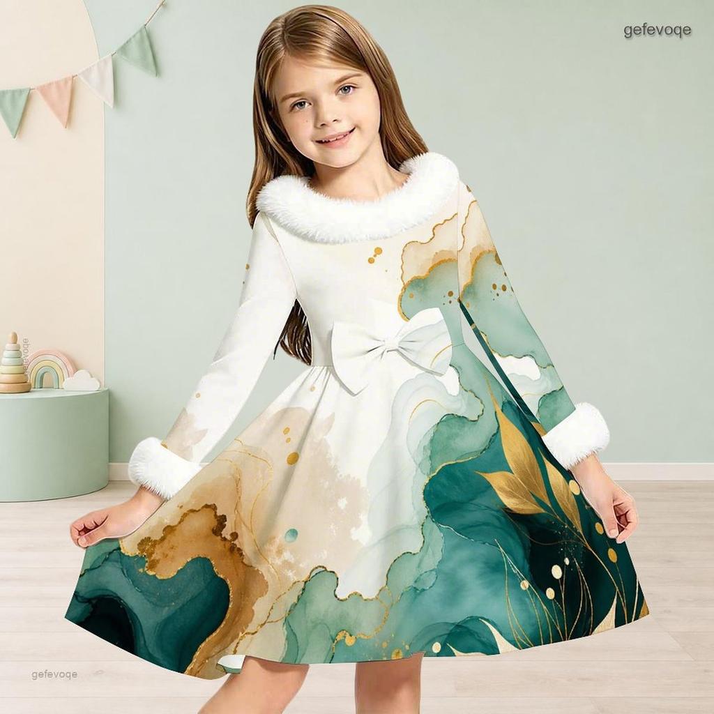 Girls Furry Collar Long Sleeve Bow Decor Printed Dress Dark Green Beige Gold A Line Flared Hem