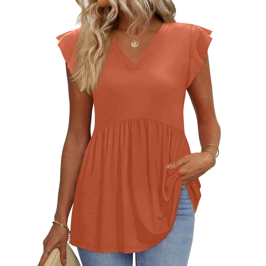 Womens Tops Fashionable V-neck Ruffled Sleeve Short-sleeved T-shirt Business Blouses