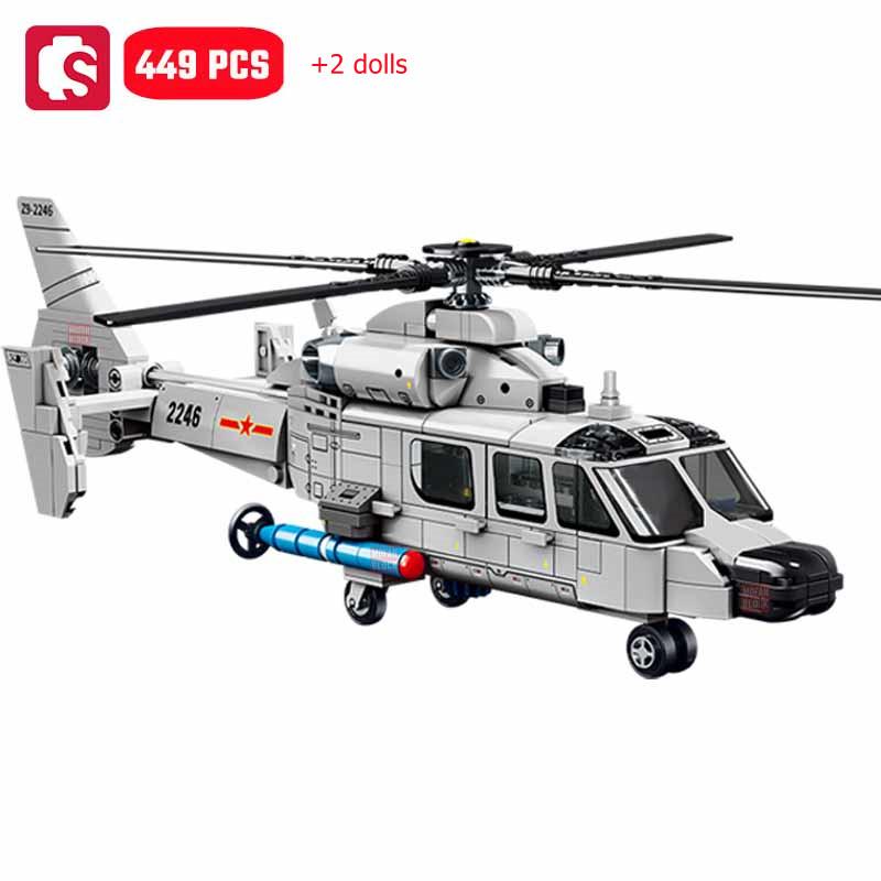 Non-Toxic Sembo 449Pcs Z-9 Shipborne Helicopter Assemblage Building Blocks Moc Armed Aircraft Fighter Soldiers Models Kids Toys Children Gifts