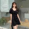 Summer Short Dress Solid Color Square Neck Waist Thin Bubble Sleeve Irregular Pleated Short Sleeve Dress