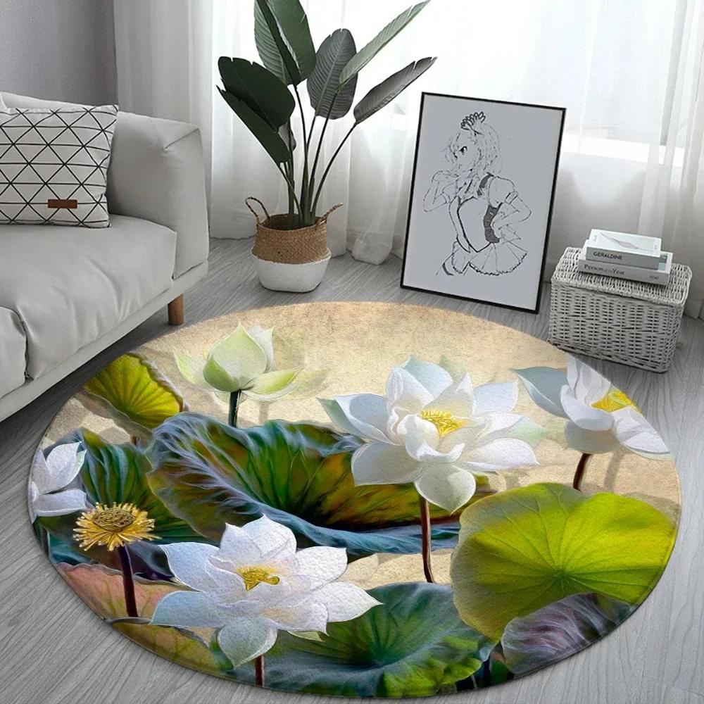Lotus Landschaftsmalerei Runder Teppich Stuhl Sofa Teppiche Zuhause Wohnzimmer Schlafzimmer Badezimmer Bodenmatte Bedruckte Heimdekorationen
