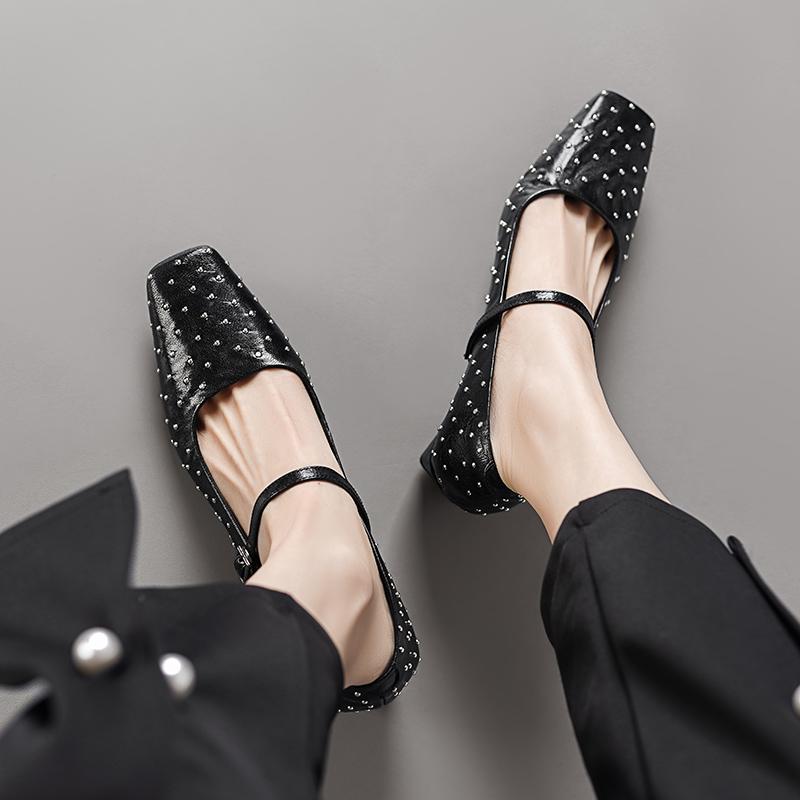 Fashion Retro Rivet One Buckle Mary Jane Shoes 2025 Summer New Square Toe Shallow Mouth Low Heel Single Shoes for Women