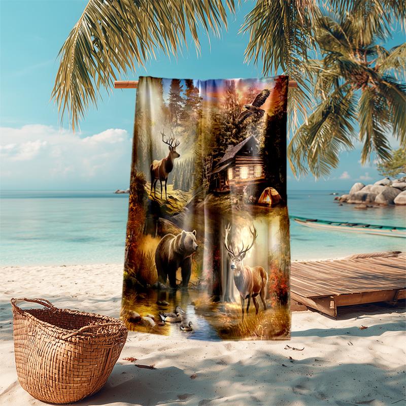 Wilderness Cabin Forest Wildlife Soft Beach Towel Outdoor Camping Vacation Swimming Beach Towel Outdoor Absorbent Bath Towel Blanket A7