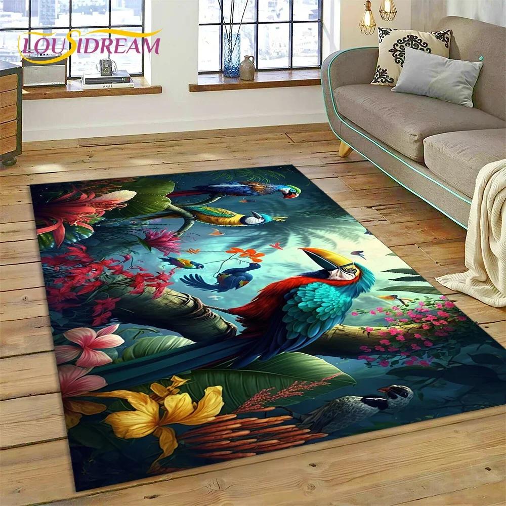 Niedlicher Teppich mit Traumvögeln, Papagei, Pfau, Cartoon-Motiv, für Schlafzimmer, Wohnzimmer, Zuhause, Sofa-Dekoration, Kinderspiel, große Deko-Bodenmatte