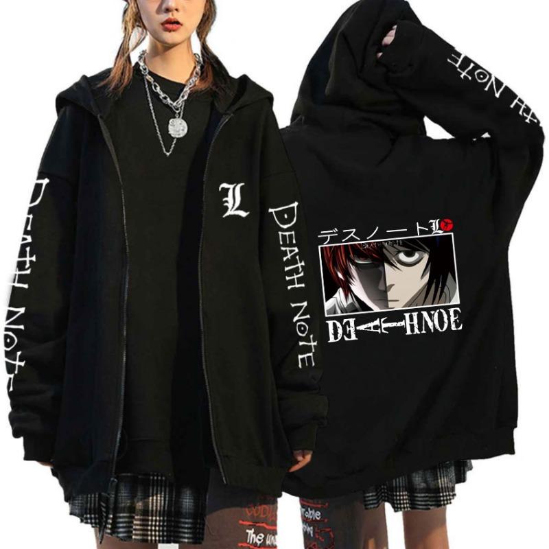 Japan Anime Death Note Lynlås Hættetrøjer Gotisk Herre Tegneserie Misa Amane L Ryuk-Grafik Streetwear Sort Fleece Lynlås Jakke Frakker