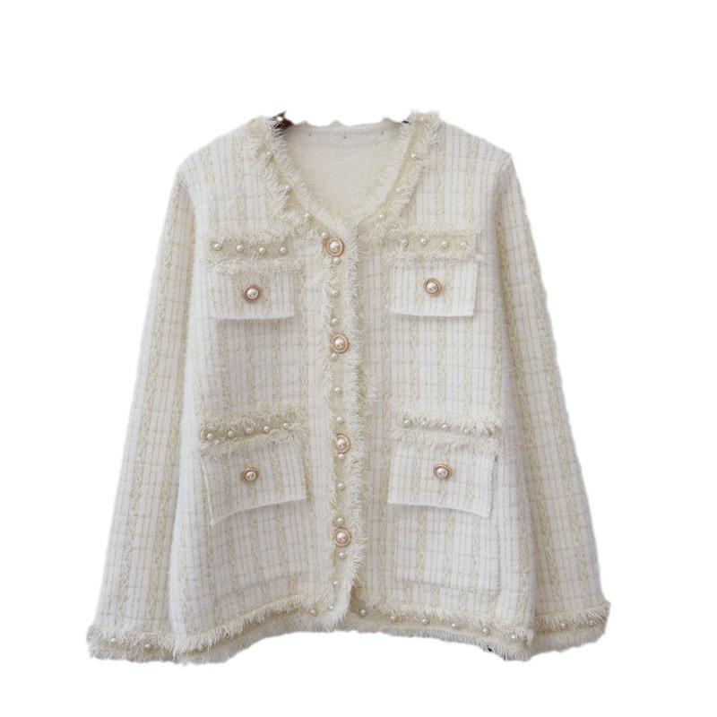 Autumn and Winter New Imitation Mink Velvet Knitted Cardigan Loose Fringed Beaded Sweater Jacket Women