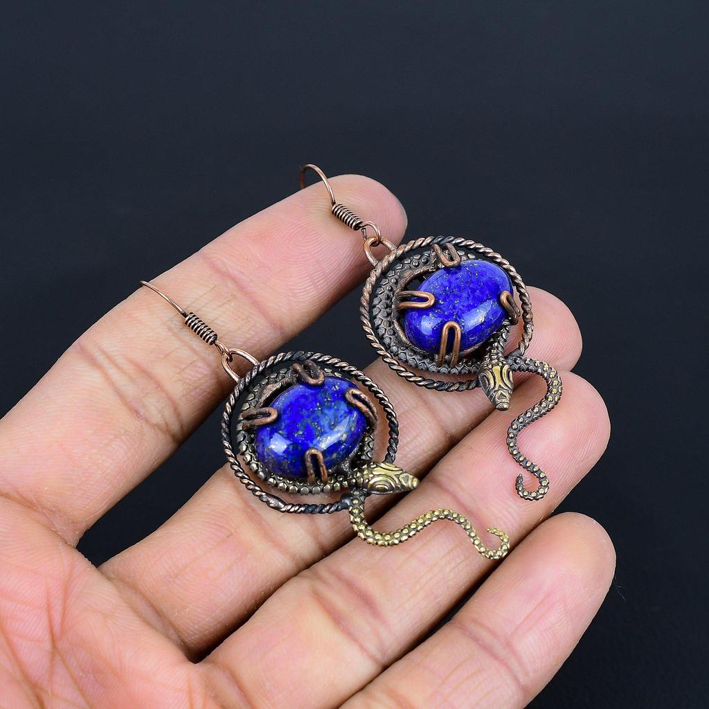 Lapis Lazuli 999 Copper Wire Wrapped Earrings, Handmade Gemstone Earrings Jewelry, Gifts For Wife Brand New Earrings