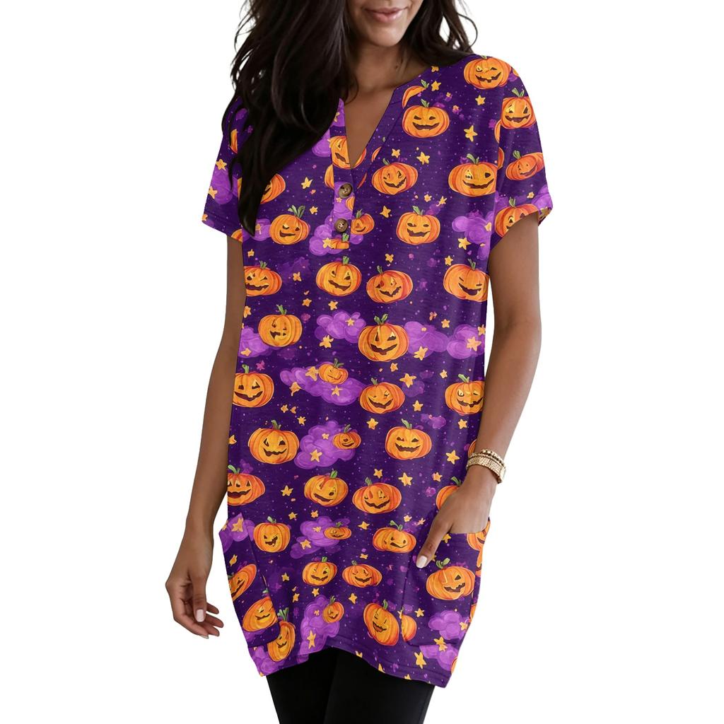 Women V Neck Pullover Dress Short Sleeve Halloween Print Pocket Casual Loose Fit Tunic Dress