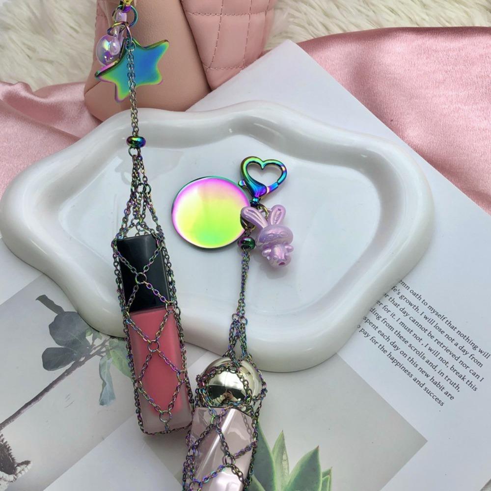 Custom Ins Colorful Stainless Steel Keychain Portable Lipstick Mesh Pocket Keyring Portable Folding Ladies Key Chain Ring Gift
