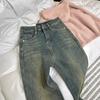 Thickened Vintage Blue Straight-leg Jeans for Women In Wintertime High Waist Covering Hips and Making Them Look Fitted and Flared Trousers