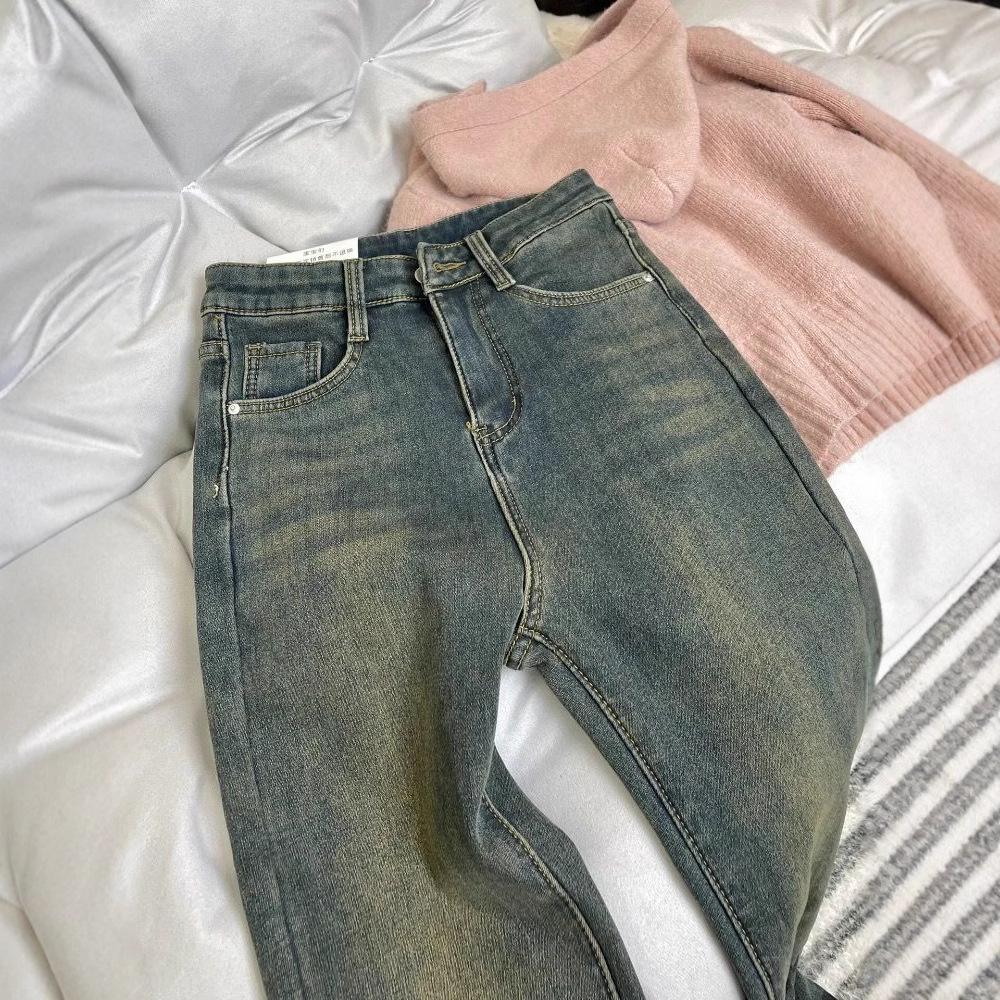 Thickened Vintage Blue Straight-leg Jeans for Women In Wintertime High Waist Covering Hips and Making Them Look Fitted and Flared Trousers