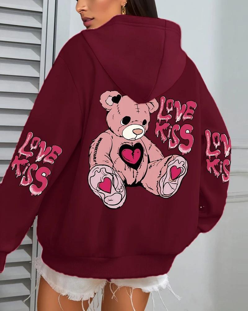 Women's Pink Love Kiss Letter Print Hoodie - Autumn Casual Loose Fit Fleece Pullover with Pocket.
