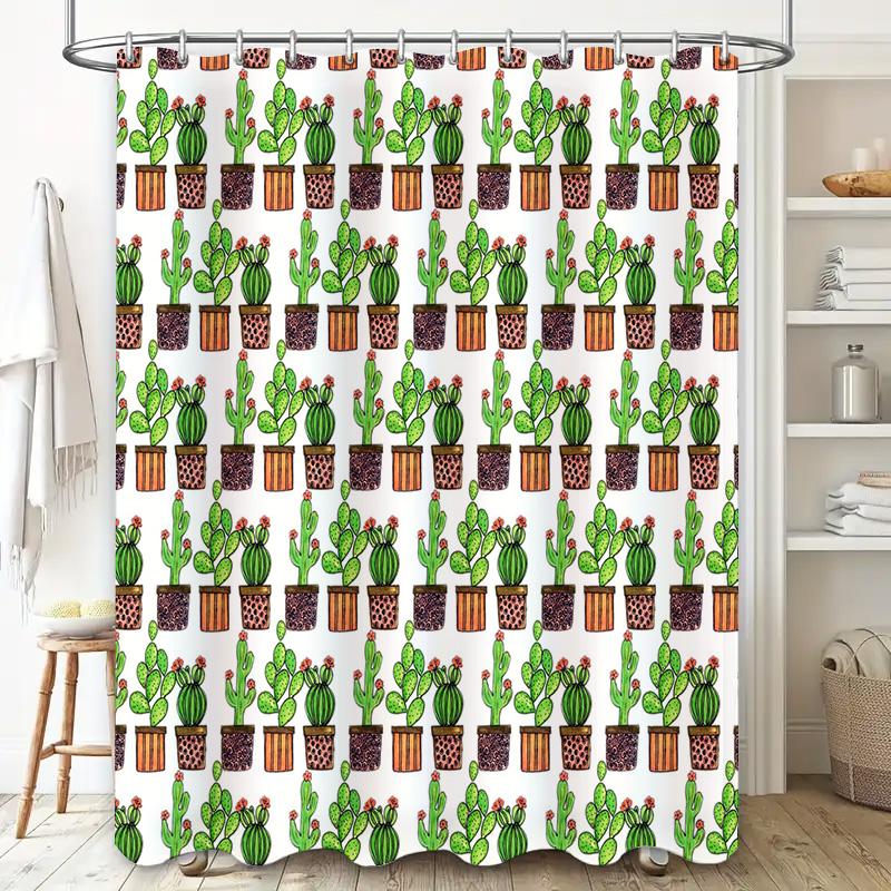 Green Cactus Pattern Shower Curtain, Home Decor, Modern Bath Decoration For Kids Room, Easy Installation In White Fabric Print