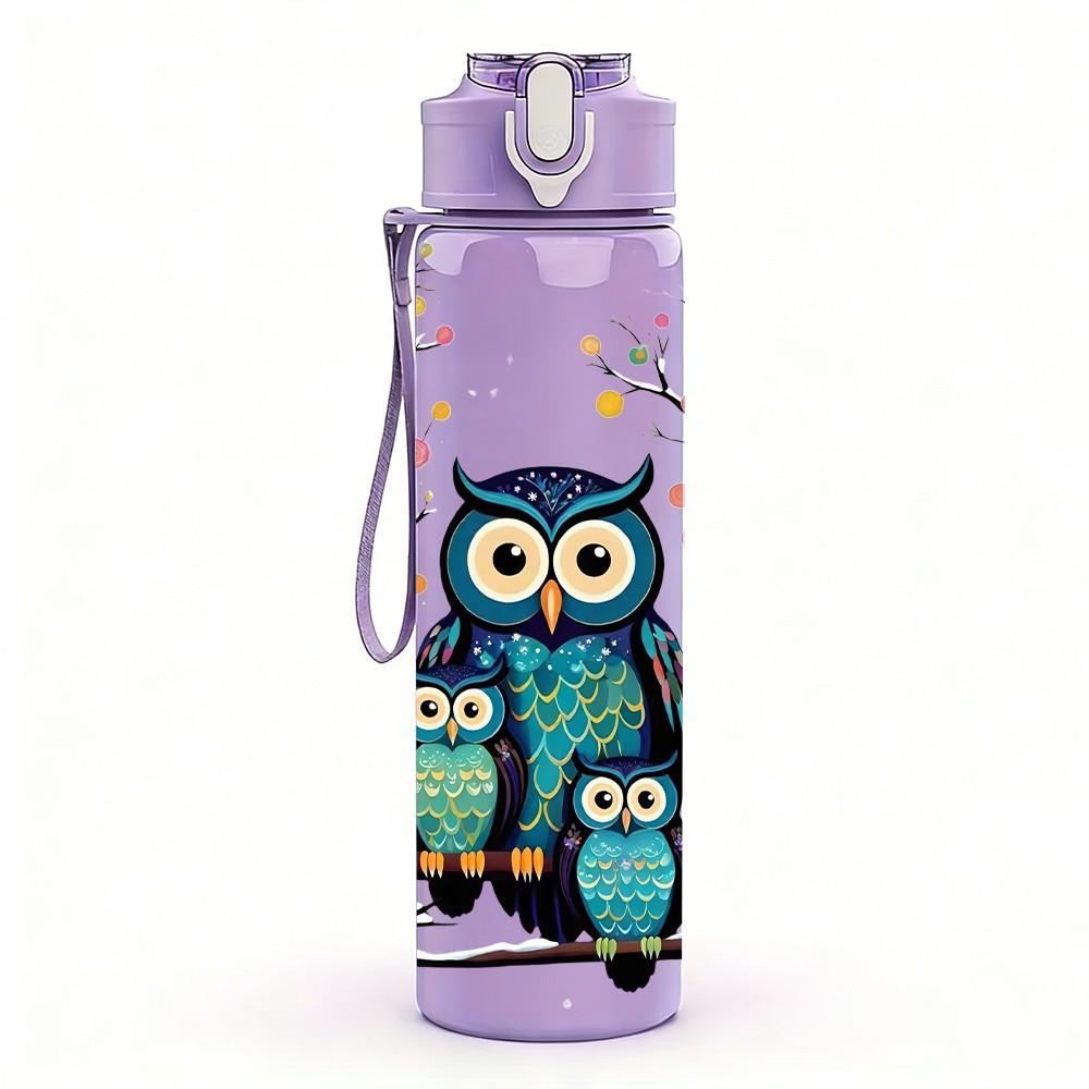 1PC Owl Tree Branch Floral Cartoon Print 750ml Color Plastic Sports Water Bottle Leakproof Flip Straw Lid Suitable for Sports Office Home Use
