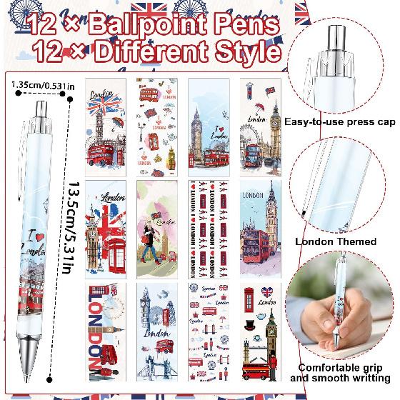 Wxiben London Sticky Notes with Pens - 24 Pcs London Travel Notepads England Ballpoint Pens Bulk British Flag Notes Black Ink Pen Souvenir Gifts for