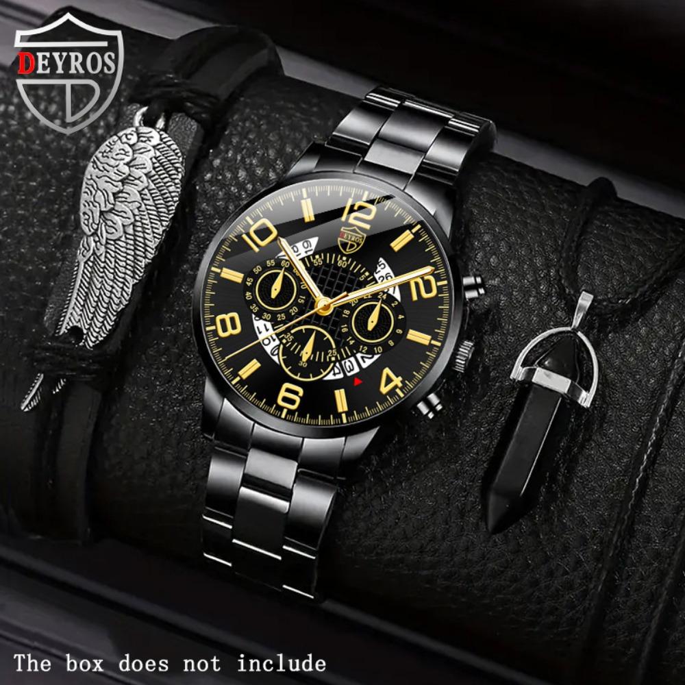 Watch 3-Piece Set Men S Steel Belt Watch Quartz Watch Fashion Watch Set