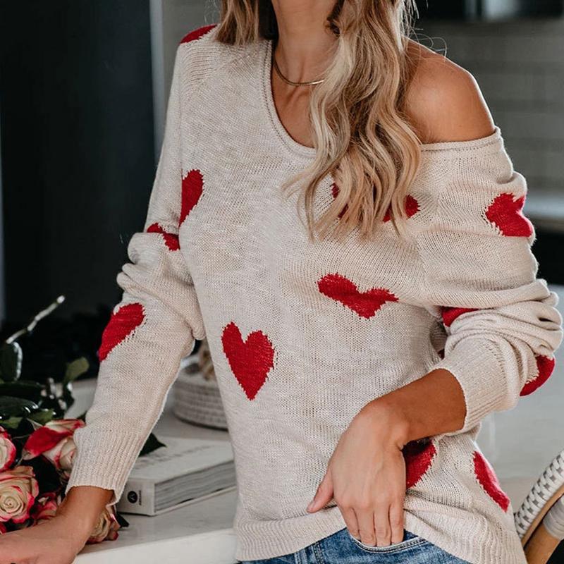 Ladies Autumn Winter Long Sleeve V Neck Pullover Love Heart Loose Knitted Sweater Knitwear Top