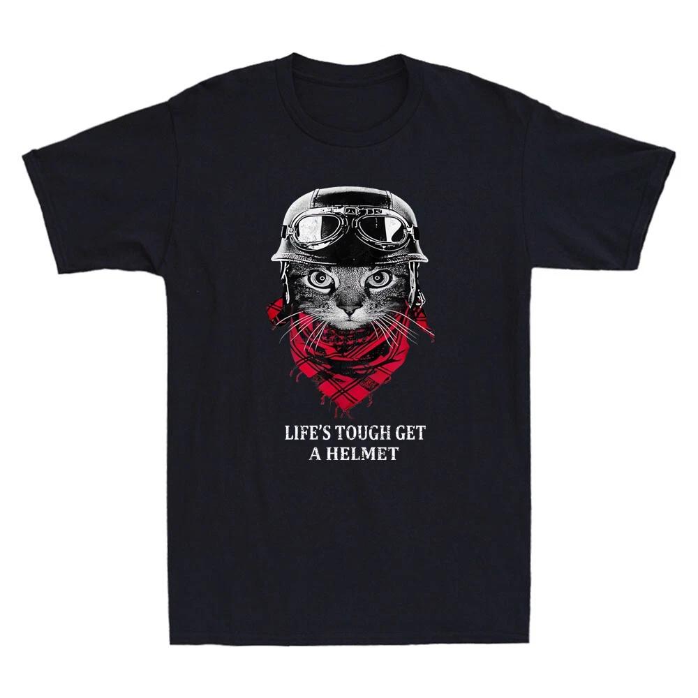 Life s Tough Get a Helmet Funny Cat Lover Gift Humor Quote Vintage Men s T-Shirt L