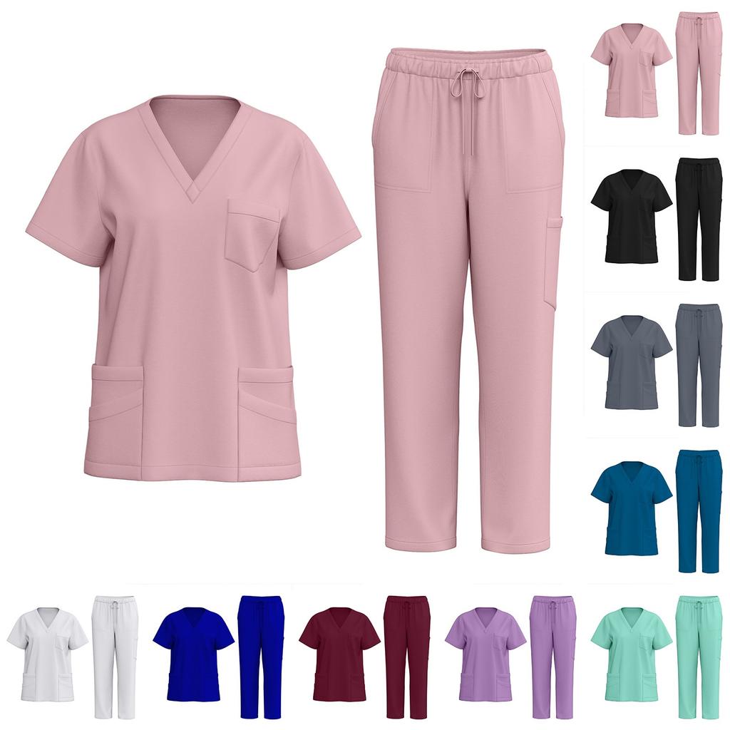 Women's Uniforms Quick Dry Fabrics V-Neck With Pockets Short Sleeves Long Pants Color Suit