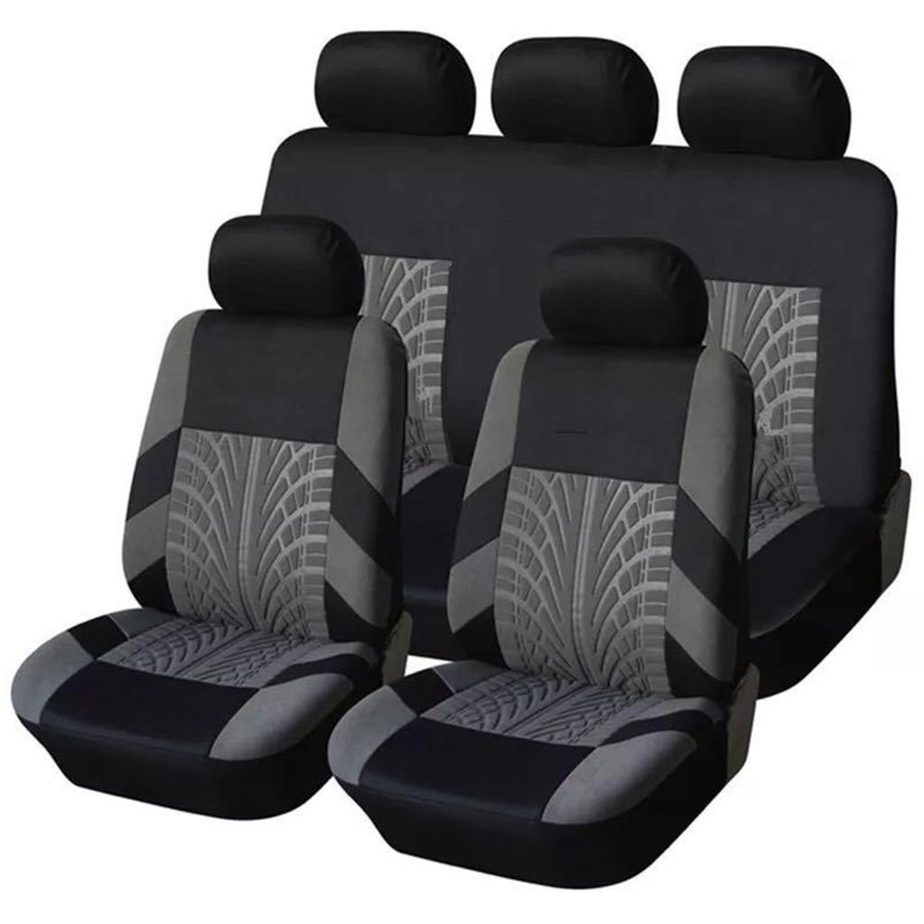 9 Piece Tire Tread Pattern Knitted Fabric Car Seat Covers Full Set Front Rear Seats Headrest Protection Durable Fit
