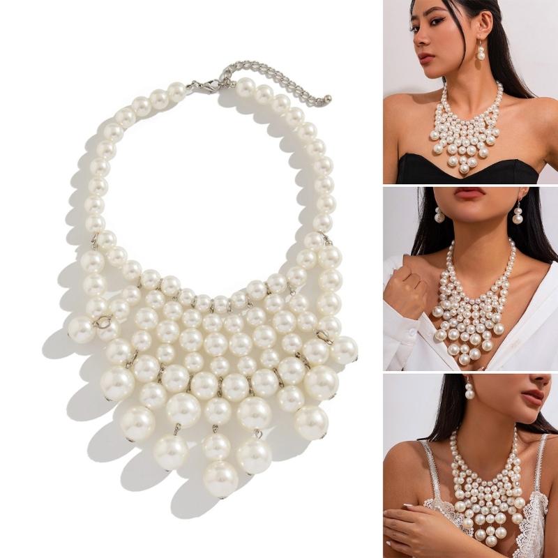 Pearls Beaded Fringe Necklace Adjustable Length Neckchain Multi-layer Clavicle Chain Jewelry for Parties and Daily Wear