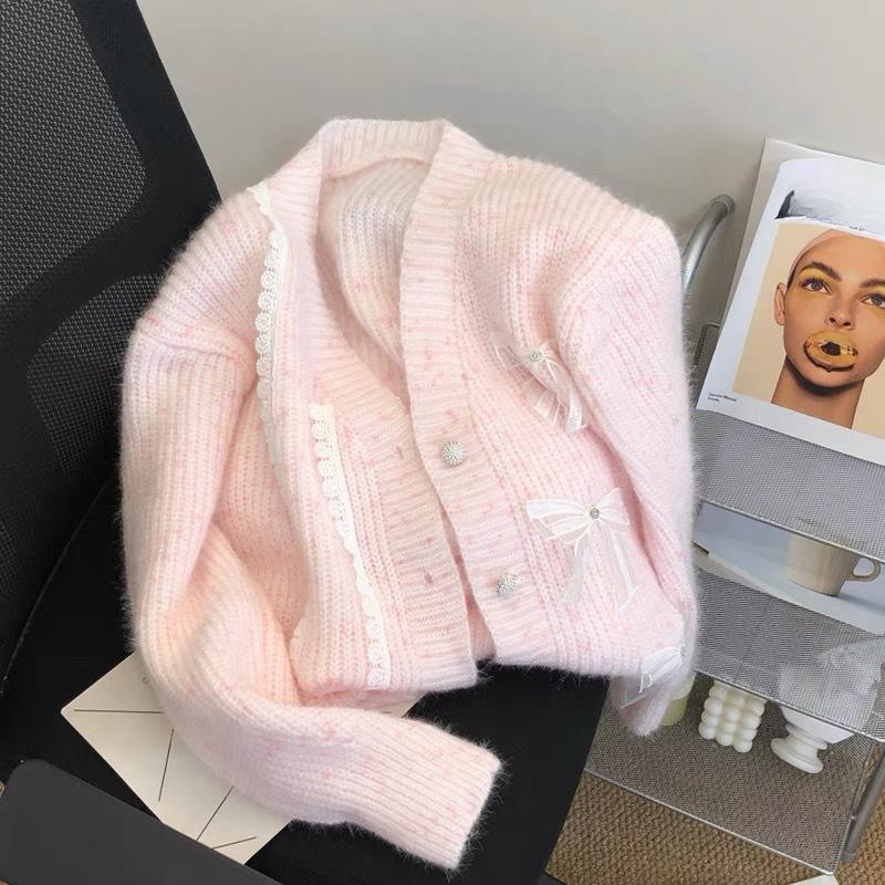 Autumn and Winter Women's Gentle Loose Lazy Wind Knit Jacket Lace Bow Sweater Cardigan