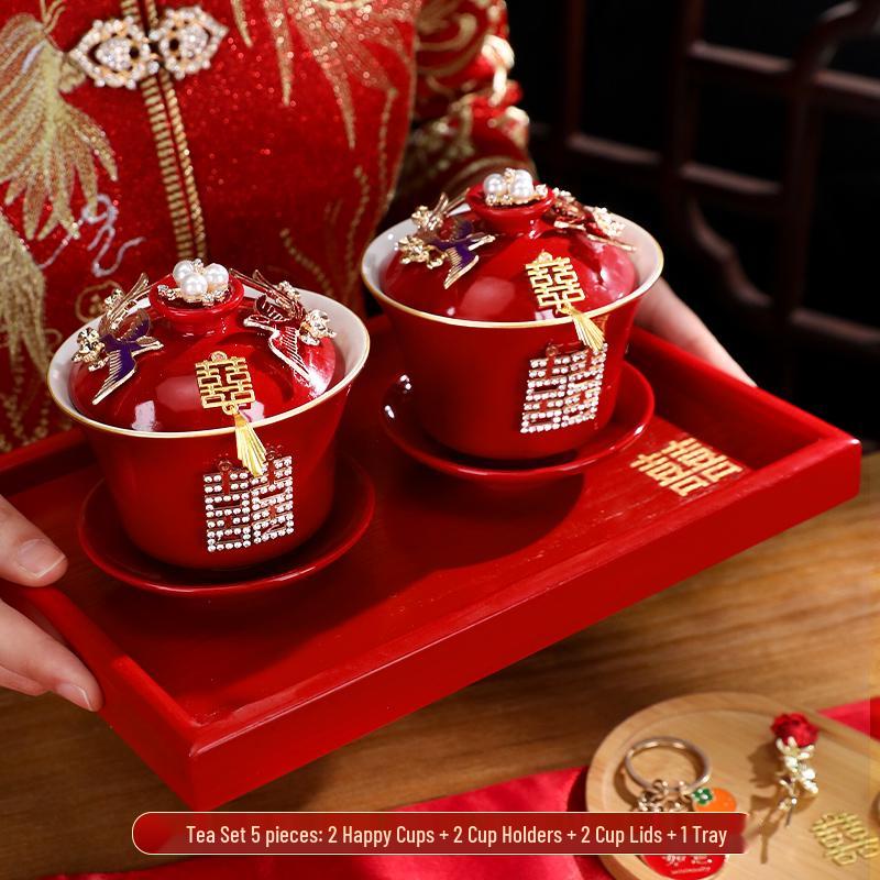Wedding Tea Set: Red Bowls, Cups, and Chopsticks for Bride's Dowry