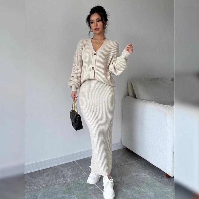 Women's Ribbed Knit Two-Piece Set with Long Sleeve Top and Wide-Leg Pants