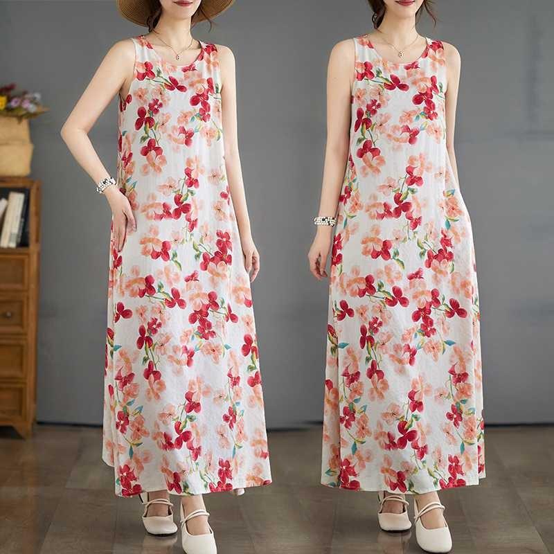 New Bohemian Long Dresses Summer New Sleeveless Round Neck Printed Dresses