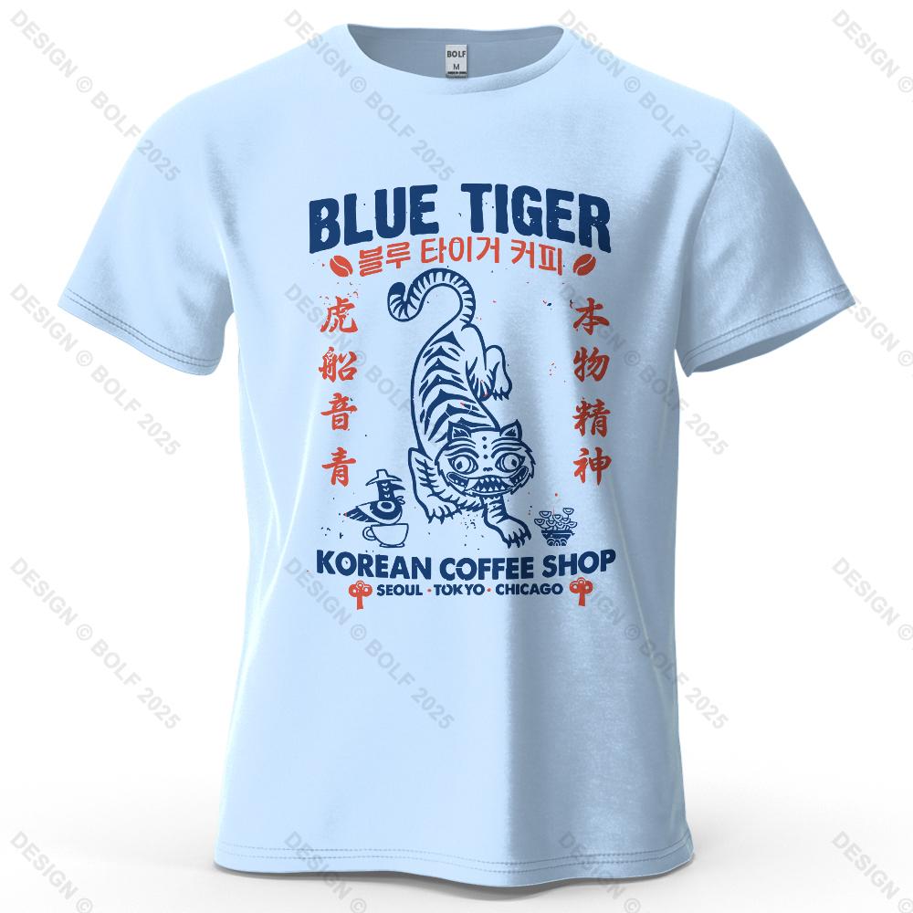 BLUE TIGER Trendy Printed Men s T-Shirt 100% Cotton Oversized Cultural Graphic Tees for Women Tops Tees Casual Streetwear S