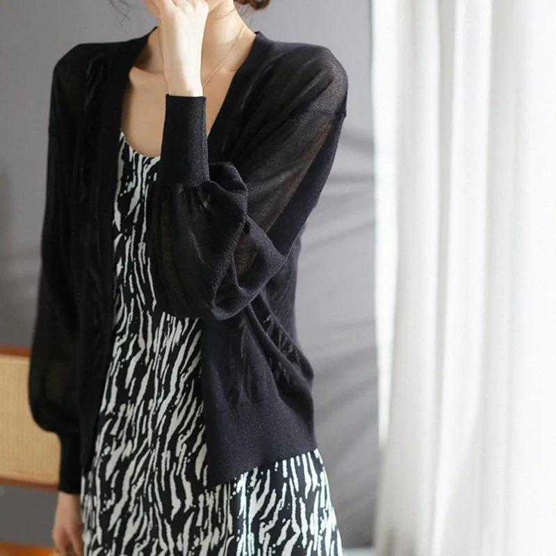 

Women Elegant V Neck Single Breasted Thin Sun Proof Cardigan Elegant Korean Knit Simple Solid Sheer Summer Casual Outwear XXL чорний