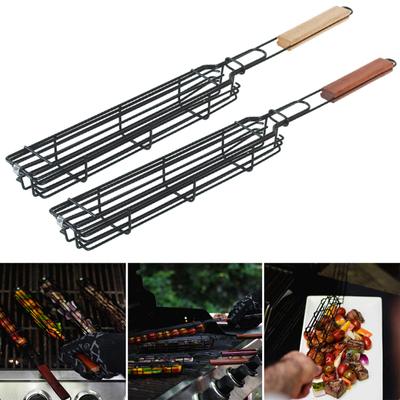 Kabob Grilling Basket Wooden Handle Stainless Steel Portable Non-Stick Vegetables Shrimps Meat Hot Dog Barbecue Grill Net BBQ Tools