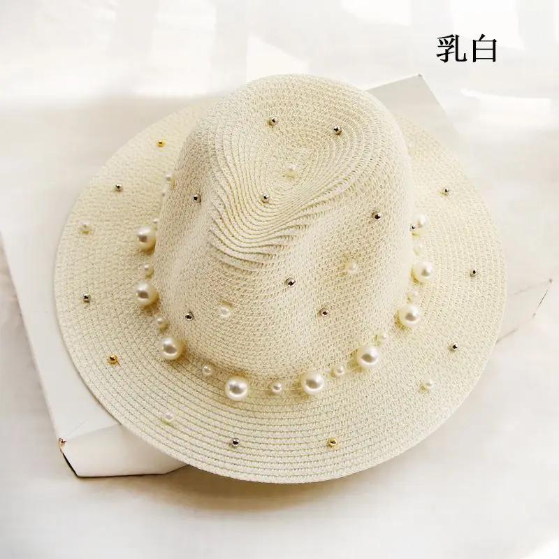 

New Spring Summer Hats For Women Flower Beads Wide Brimmed Jazz Panama Hat Sun Visor Beach Hat Flower Pearl rivet Straw Hat 56-58cm