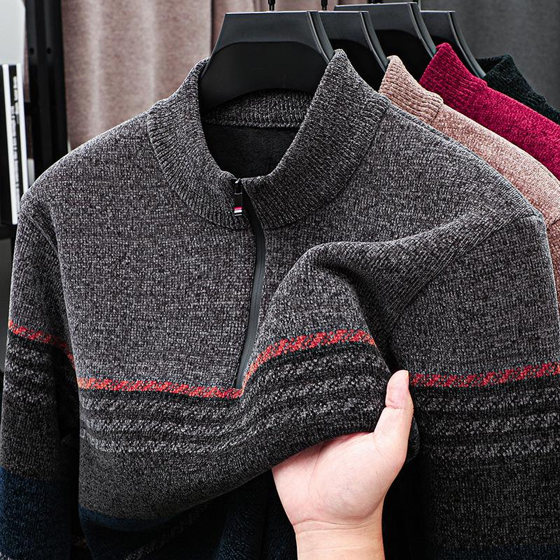 Мужской плюшевый утолщенный вельветовый свитер с круглым вырезом - Теплый жаккардовый пуловер для осени/зимы. L серый