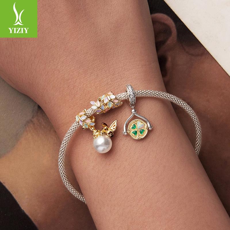 S925 Sterling Silver Plated K Gold Pearl Bee Pendant Small Fresh Insect Diy Bracelet Beaded