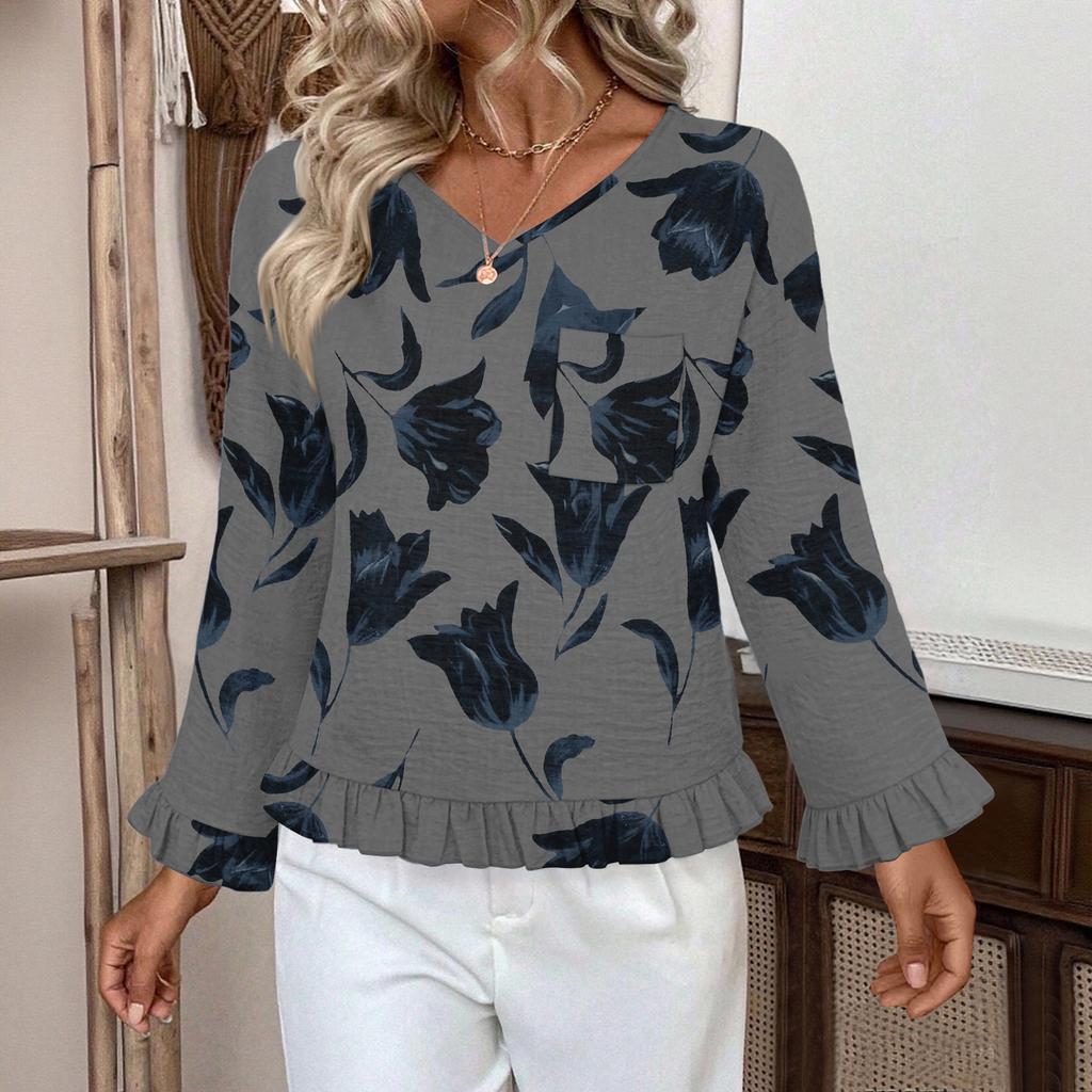 Women's Casual Fashion Ruffled V-Neck Pocket Floral Print Long Sleeve Top