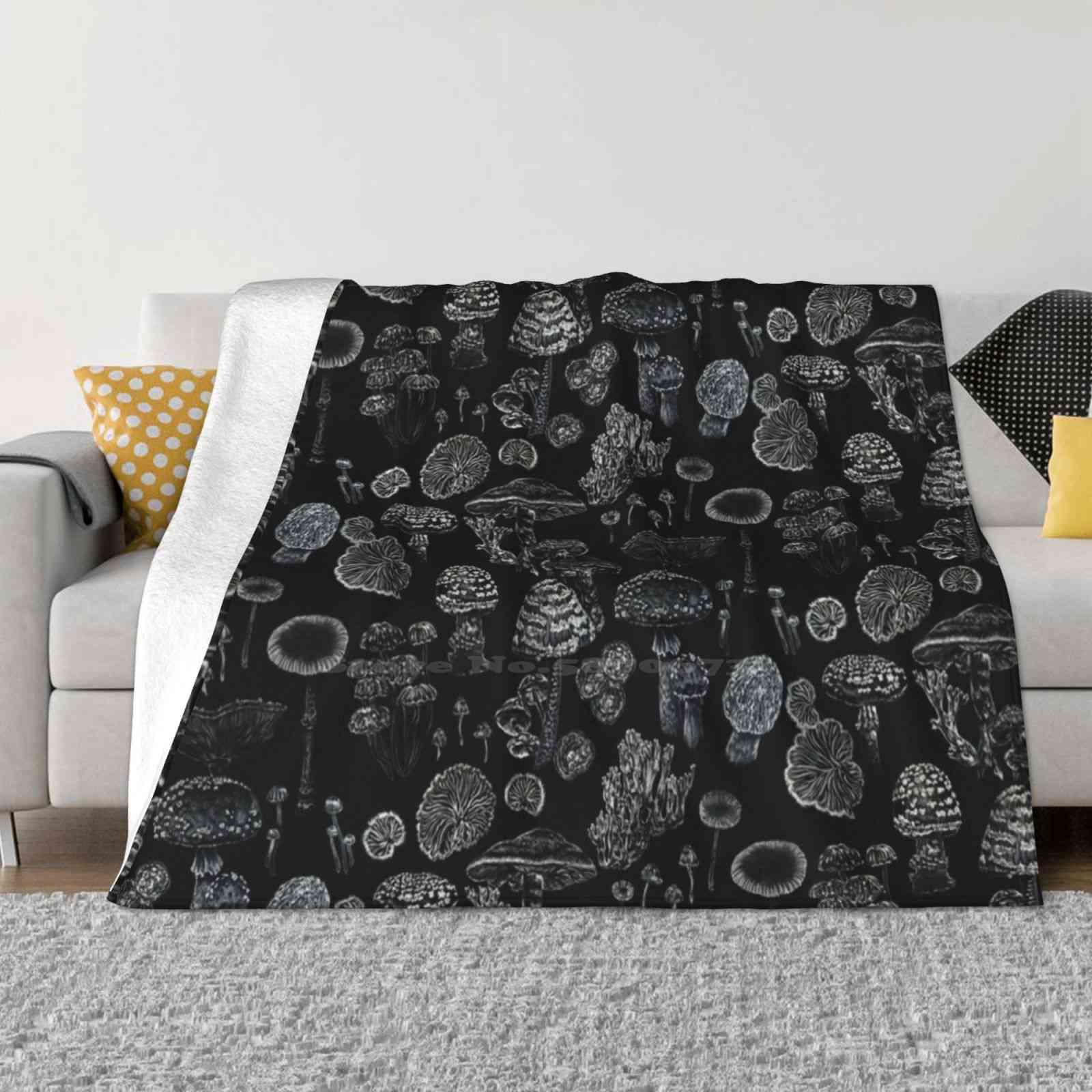 Mycology In Black Fashion Soft Warm Flannel Blanket Fungi Toadstool Botany Botanical Pencil Sketch Diagram Nature Natural 30x40in