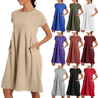 Women's Solid Colour Casual Cotton Linen Dress Short Sleeve Round Neck Pocket Dresses