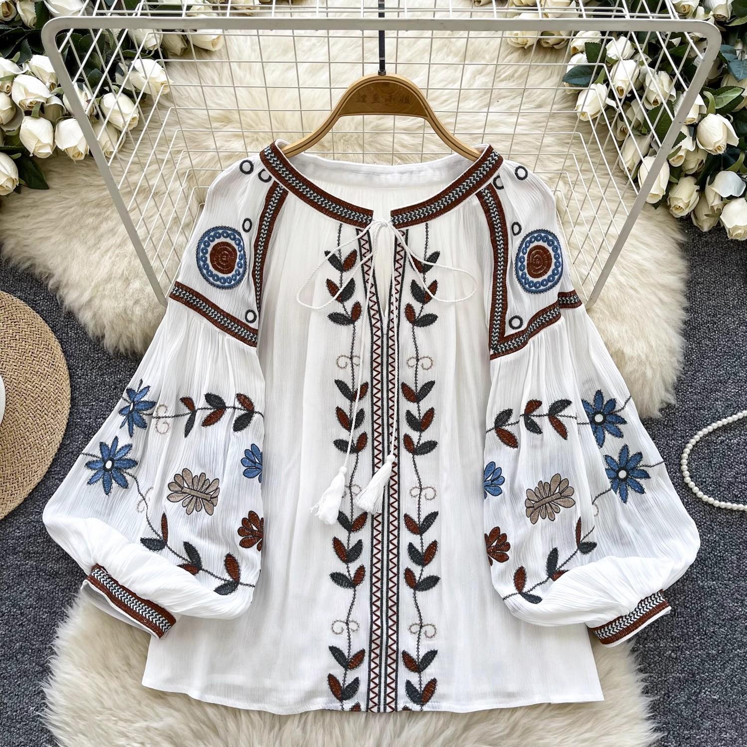 Women s Light Blue Ethnic Style Embroidered Top with Fringed Neck Tie One size белый