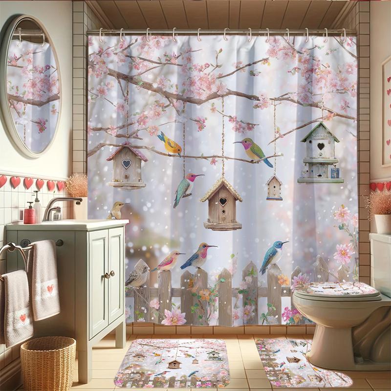 4Pcs Spring Floral Bird Shower Curtain Set with Non-Slip Bath Mat, Toilet Lid Cover, Contour Rug & 12 Hooks, Bathroom Decor