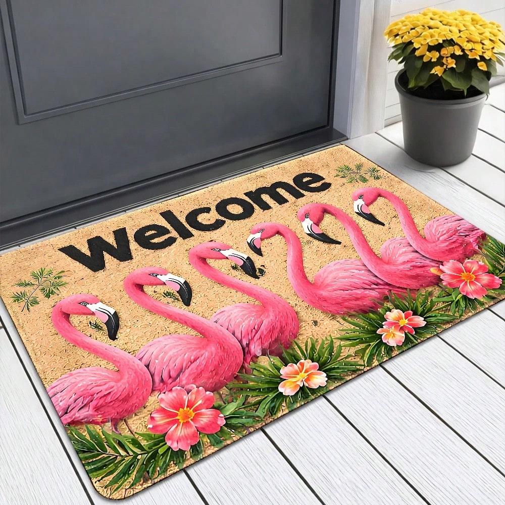 Newest Beach Sunset Flamingo Welcome Home Doormat, Tropical Seaside Palm Leaf Front Door Entrance Rug