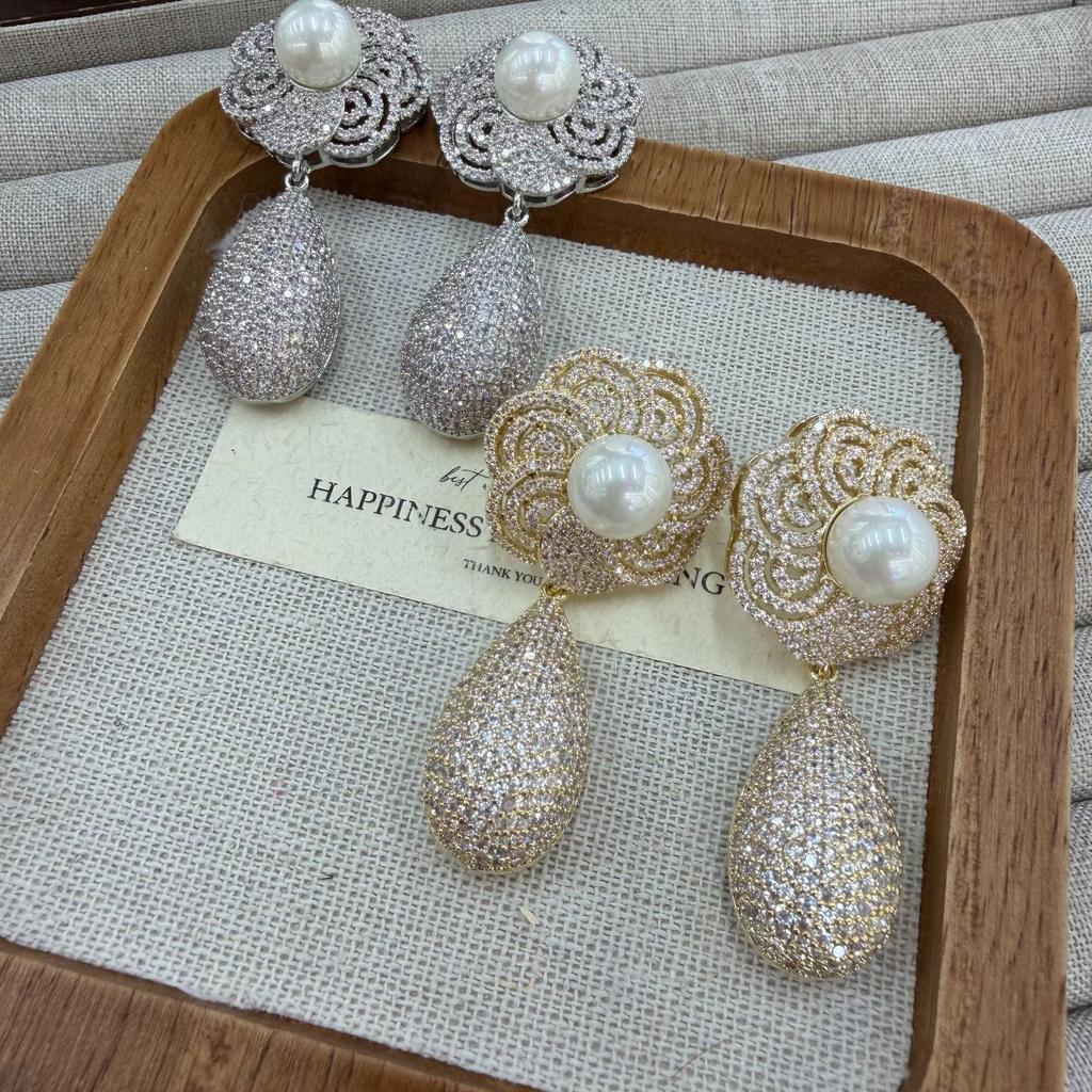 Premium Heavy Industry Large Water Drop Fringed Pearl Earrings Gold-Plated Hot-Selling Flower Pearl Full Zirconium Earrings