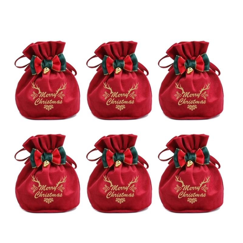 Reusable Holiday Velvets Treat Pouch Drawstring Gift Bag With Bowknot And Bell Christmas Party Decoration Accessories