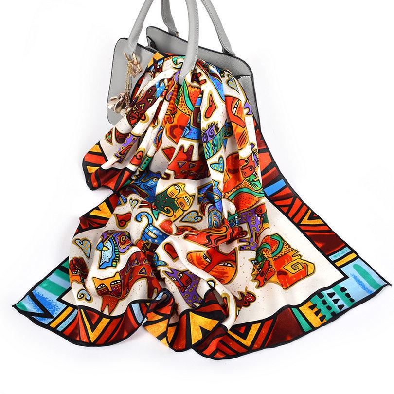 [BYSIFA] Cartoon Cat White Scarves Fashion Brand 100% Silk Scarf Shawl Printed Fall Winter Top Grade Women Scarves Wraps 88*88cm