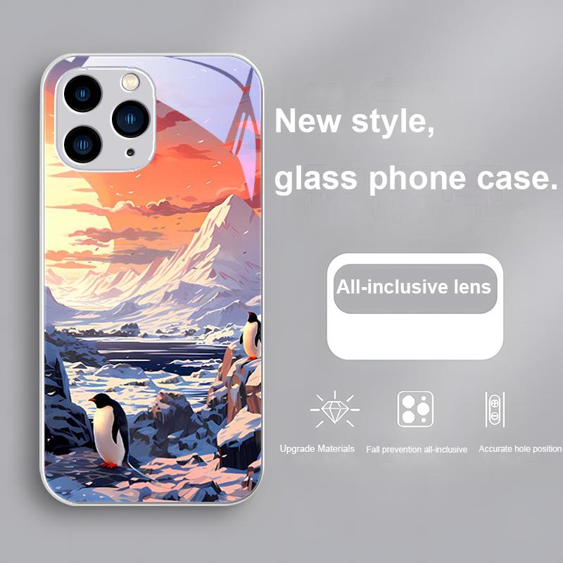 Sunshine Penguin Gold Purple For Iphone 16 Plus 15 14 13 12 Mini 11 Pro Max X XS XR 7 8 Plus 2022 Tempered Glass Phone Case