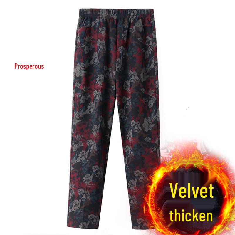Women's Fleece-Lined Pants, Loose Straight Leg for Middle-Aged/Elderly, Patterned Plus Size, Mom's Style, Fit for All Seasons (Spring, Autumn, Winter)
