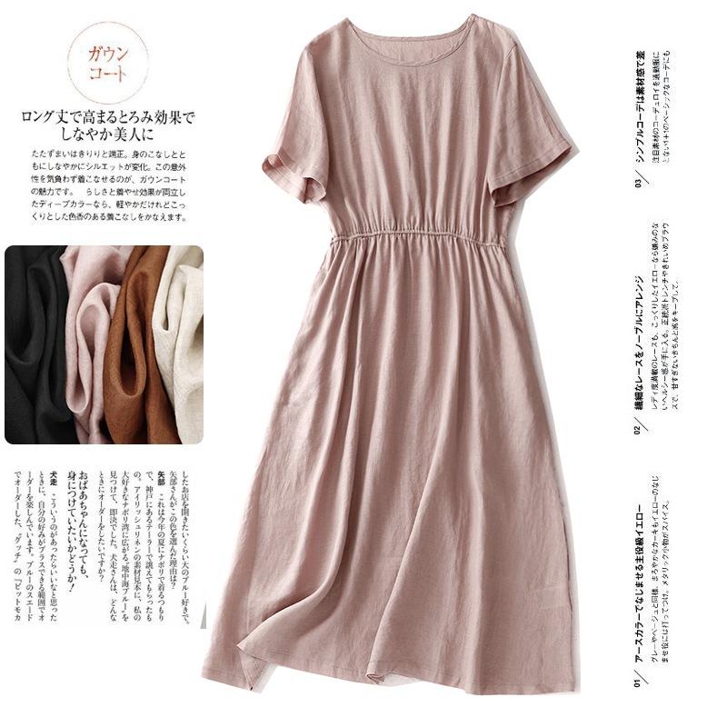 Short-sleeved round neck simple cotton and linen dress for women's 2025 summer new loose waist and thin dress