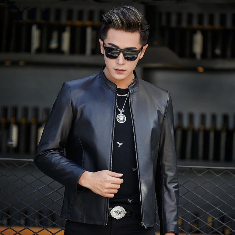 Leather Jacket Men's New First Layer Sheepskin Leather Jacket Black Single Style Stand Collar Slim Motorcycle Jacket