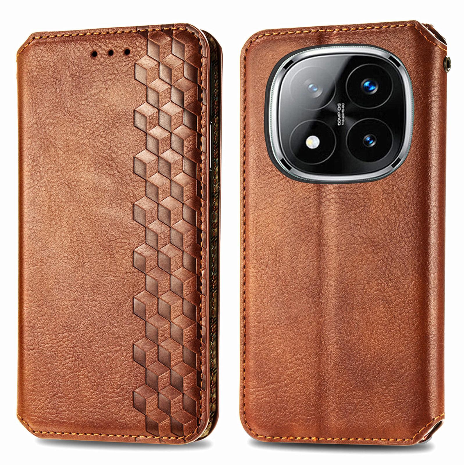 

For Xiaomi Redmi Note 14 Pro 5G/Poco X7 5G PU Leather Case Rhombus Imprint Wallet Stand Phone Cover Brown
